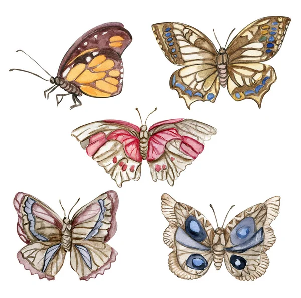 Sada Akvarelových Ilustrací Motýlů Ručně Kreslené Prvky Akvarelem Bílém Izolovaném — Stock fotografie