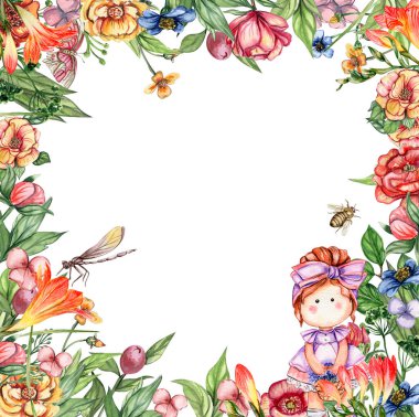 Karikatür şeklinde suluboya kare çiçek çerçevesi ve elbise giymiş güzel bir kız bebeği. Çocuk tasarımı için çiçek prensesi ve sarı çiçekli karikatür el çizimi. Düğün davetiyesi için mükemmel..