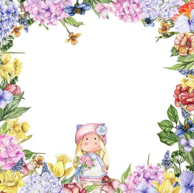 Karikatür şeklinde suluboya kare çiçek çerçevesi ve elbise giymiş güzel bir kız bebeği. Çocuk tasarımı için çiçek prensesi ve sarı çiçekli karikatür el çizimi. Düğün davetiyesi için mükemmel..