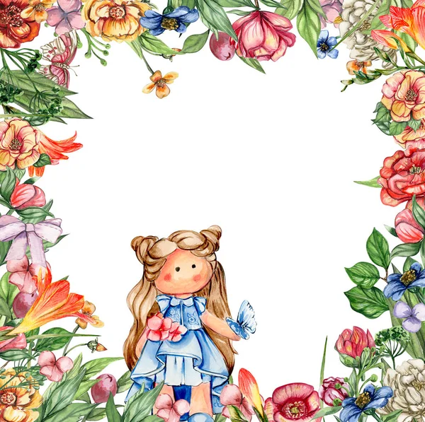 Aquarell Quadratischer Blumenrahmen Cartoon Stil Mit Einer Niedlichen Mädchenpuppe Einem — Stockfoto