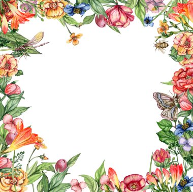 Çiçeklerle dolu suluboya el çizilmiş bahar bahçesi. Albüm koleksiyonu için suluboya çizimi. Çocuk tasarımı için çiçek desenli karikatür el çizimi. Düğün davetiyesi için mükemmel..