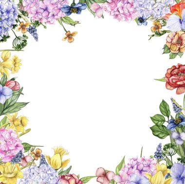 Çiçeklerle dolu suluboya el çizilmiş bahar bahçesi. Albüm koleksiyonu için suluboya çizimi. Çocuk tasarımı için çiçek desenli karikatür el çizimi. Düğün davetiyesi için mükemmel..