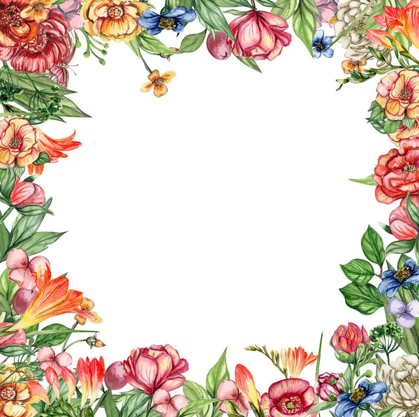 Acuarela Dibujado Mano Jardín Primavera Lleno Flores Marco Cuadrado Ilustración — Foto de Stock