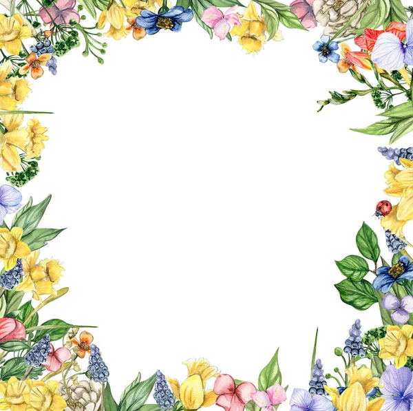 水彩画手画满了花的春天花园正方形的框架 用于剪贴簿的水彩画 卡通手绘背景 为孩子们设计花卉 完美的婚宴请柬 — 图库照片