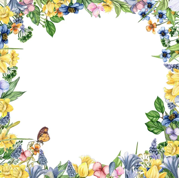 Aquarell Handgezeichneten Frühlingsgarten Voller Blumen Quadratischen Rahmen Aquarell Illustration Für — Stockfoto