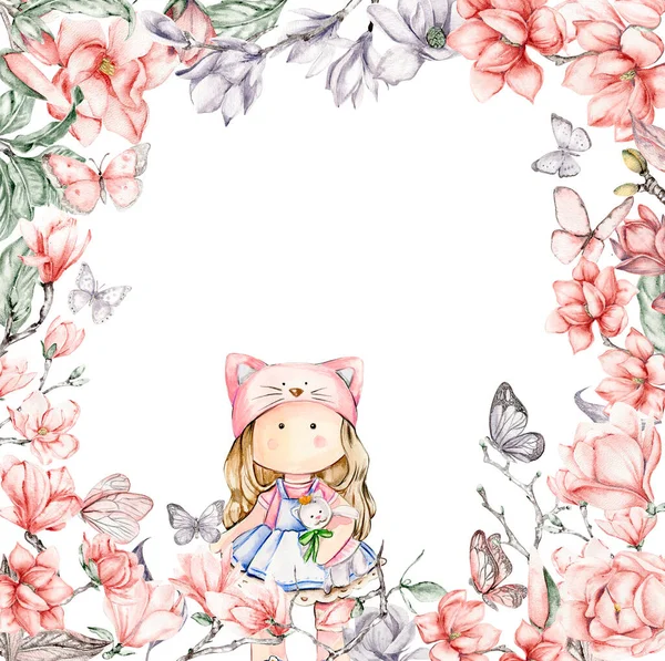 Watercolor square flower frame in cartoon style with a cute girl doll in a dress. Cartoon hand drawn background with flower princess and yellow flowers for kids design. Perfect for wedding invitation.