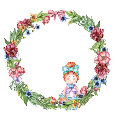 Şirin bir Tilda bebeğiyle bahar çiçekleri çelengi, kartlar için suluboya resimler, arka planlar, hatıra defterleri. Çocuk tasarımı için çiçek desenli karikatür el çizimi. Düğün davetiyesi için mükemmel..