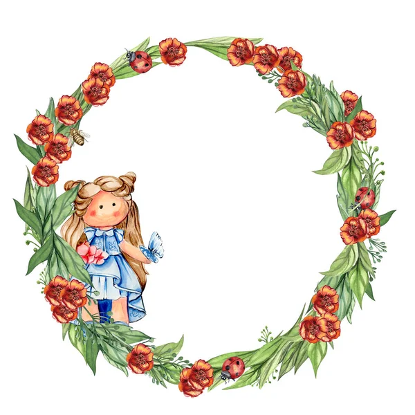Spring flowers wreath with a cute Tilda doll, watercolor illustration for cards, backgrounds, scrapbooking. Cartoon hand drawn background with flower for kids design. Perfect for wedding invitation.