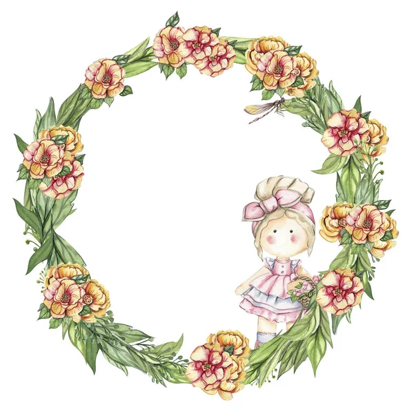 Spring flowers wreath with a cute Tilda doll, watercolor illustration for cards, backgrounds, scrapbooking. Cartoon hand drawn background with flower for kids design. Perfect for wedding invitation.