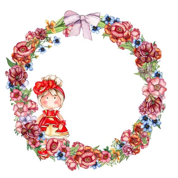 Spring Flowers Wreath Cute Tilda Doll Watercolor Illustration Cards Backgrounds — Stock Photo, Image