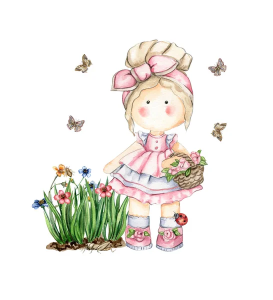 Tavaszi Virágok Összetétele Egy Aranyos Tilda Baba Akvarell Illusztráció Kártyák — Stock Fotó