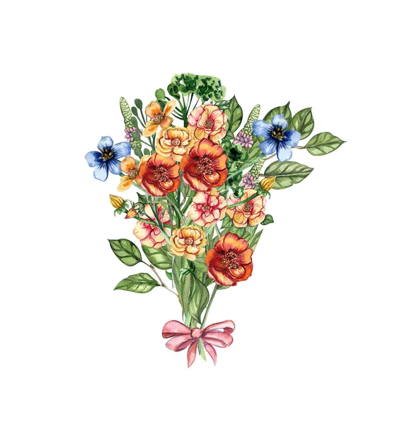 春の花花束 カードの水彩イラスト スクラップブッキングのための水彩イラスト 子供のデザインのための花を背景に描いた漫画の手 — ストック写真