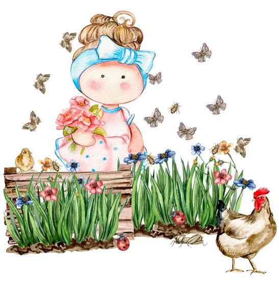 Tavaszi Virágok Összetétele Egy Aranyos Tilda Baba Akvarell Illusztráció Kártyák — Stock Fotó