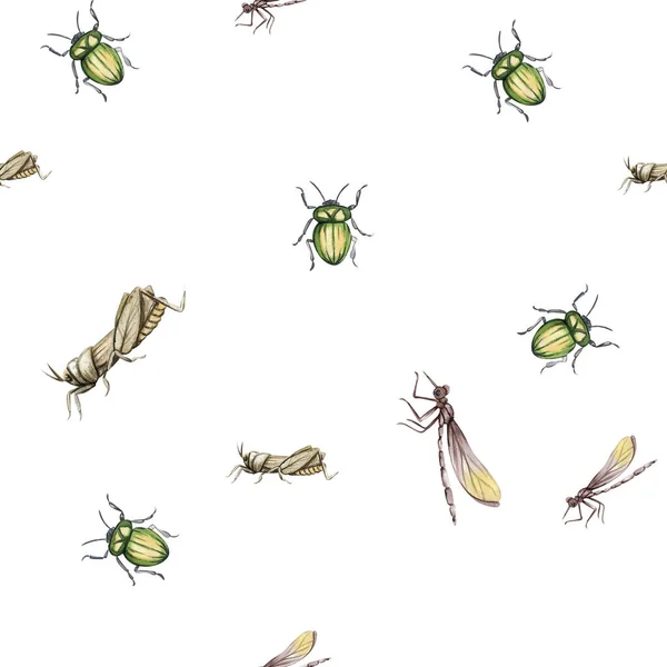 Akvarell Sömlös Tecknad Mönster Med Blommor Och Insekter Bakgrund Barnen — Stockfoto