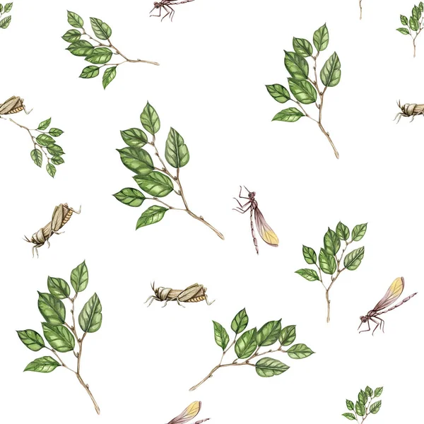 Watercolor seamless, cartoon pattern with flowers and insects on a background. Kids style background with beautiful summer or spring flowers. Applicable for textiles, wallpapers, decor.