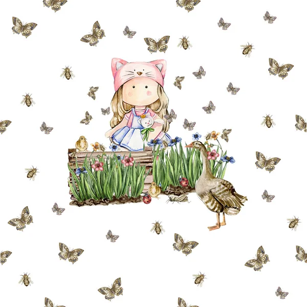Aquarel Naadloos Cartoon Patroon Met Bloemen Insecten Een Achtergrond Kids — Stockfoto