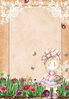 El yapımı suluboya sınır şablonu, çiçekler ve Tilda. Suluboya, çiçekler, bitkiler ve tebrik kartları. Poster, davetiye, kartpostal, arkaplan ve hatıra defteri resimleri.