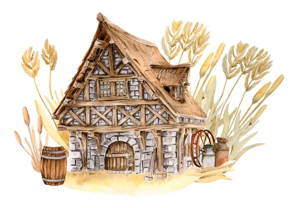 Акварельная Иллюстрация Старого Загородного Дома Старый Ржавый Элемент Эмали Ручной — стоковое фото