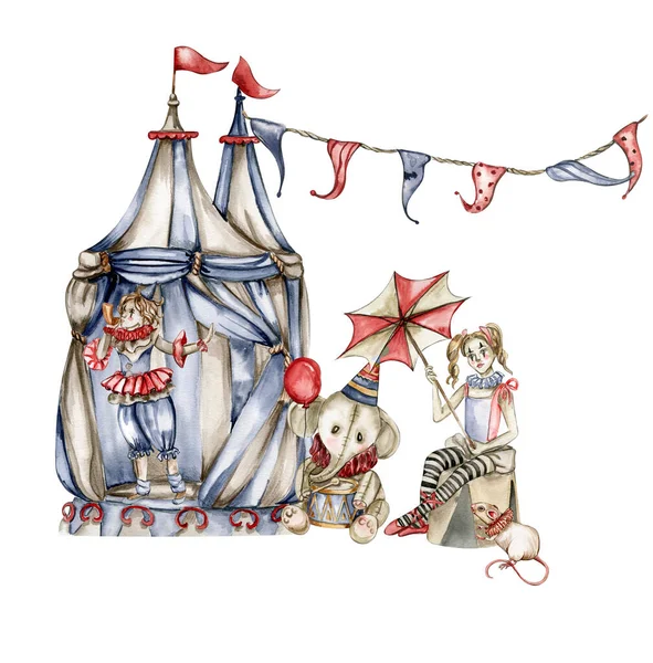 Akvarell Cirkusz Kompozíció Vintage Stílusban Tökéletes Esküvő Meghívók Blogok Kártya — Stock Fotó