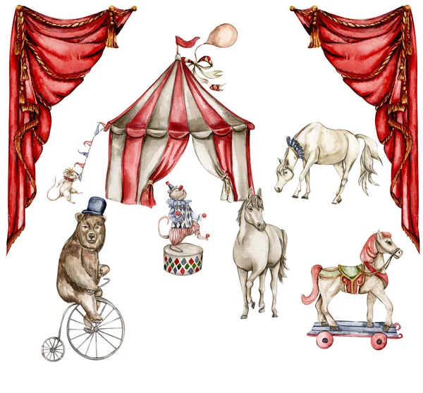 水彩画是古老风格的马戏团作曲 完美的婚礼 邀请函 卡片模板 生日卡片和婴儿卡片 白色背景上的隔离物 可爱的马戏团动物 — 图库照片