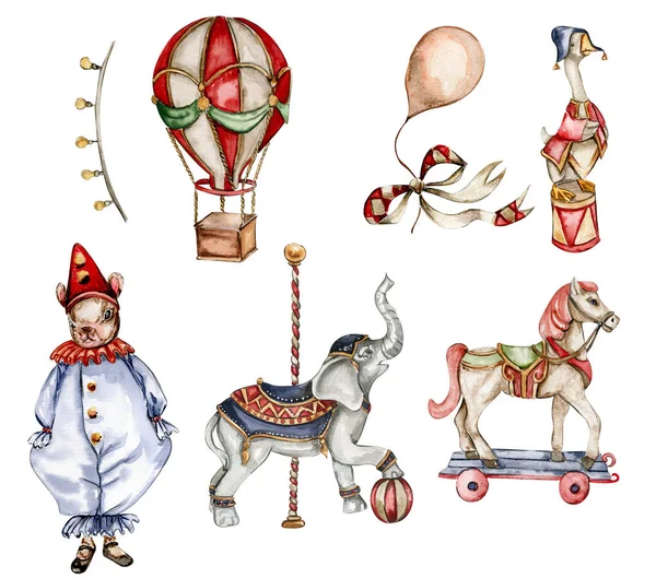 Akvarell Cirkusz Készlet Elemek Vintage Stílusban Tökéletes Esküvő Meghívók Blogok — Stock Fotó