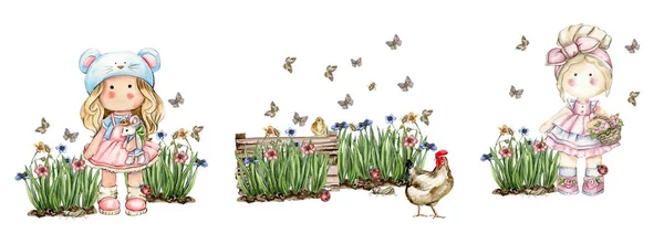 Voorjaarsbloemen Compositie Set Met Een Leuke Tilda Pop Aquarel Illustratie — Stockfoto
