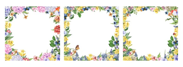 Akwarela Ręcznie Rysowane Wiosenny Ogród Pełen Kwiatów Kwadratowy Zestaw Ramek — Zdjęcie stockowe