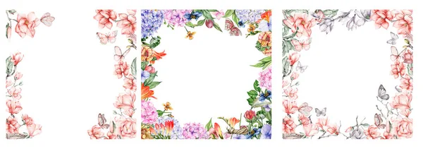 Akwarela Ręcznie Rysowane Wiosenny Ogród Pełen Kwiatów Kwadratowy Zestaw Ramek — Zdjęcie stockowe