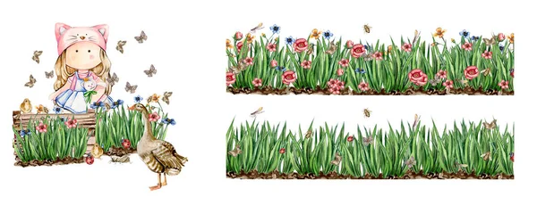 Voorjaarsbloemen Compositie Set Met Een Leuke Tilda Pop Aquarel Illustratie — Stockfoto