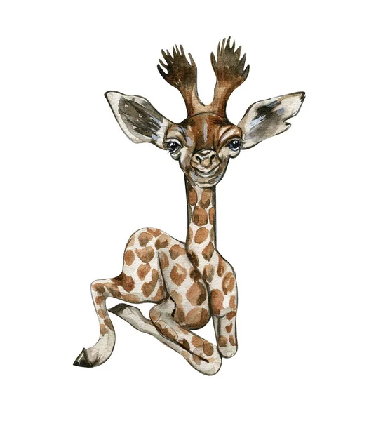 Watercolor Giraffe Illustration Cartoon Tropical Animal Exotic Summer Jungle Design — Stock Photo, Image