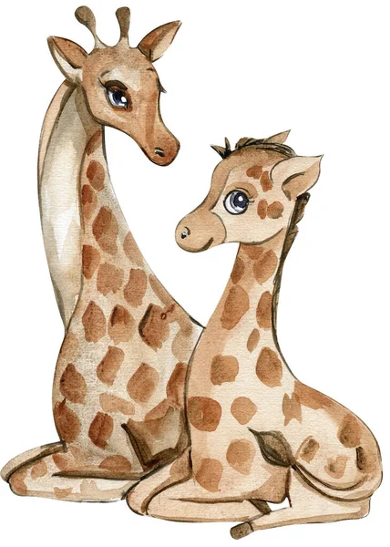 Acquerello Giraffa Mamma Con Illustrazione Bambino Cartone Animato Animale Tropicale — Foto Stock