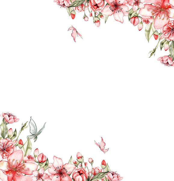 花の正方形のフレームでいっぱいの春の庭を描いた水彩手 スクラップブッキングのための水彩イラスト 子供のデザインのための花で背景を描いた漫画の手 結婚式の招待に最適 — ストック写真