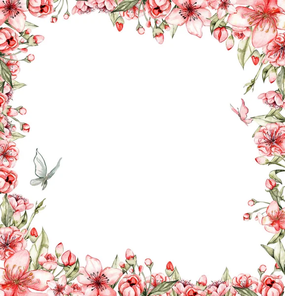 花の正方形のフレームでいっぱいの春の庭を描いた水彩手 スクラップブッキングのための水彩イラスト 子供のデザインのための花で背景を描いた漫画の手 結婚式の招待に最適 — ストック写真
