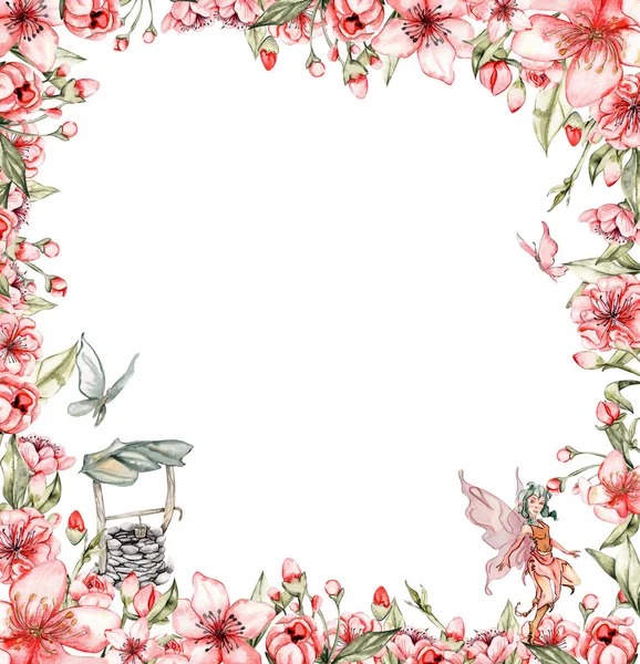 Acuarela Jardín Cuadrado Primavera Lleno Flores Marco Estilo Dibujos Animados —  Fotos de Stock
