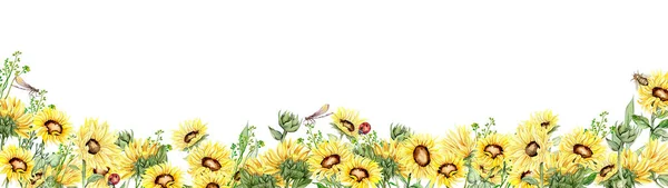 stock image Watercolor horizontal seamless background with sunflowers. Butterflies in cartoon style. Hand drawn illustration of summer. Perfect for scrapbooking, kids design, wedding invitation. greetings cards.