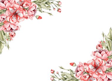 Çiçeklerle dolu suluboya el çizilmiş bahar bahçesi. Albüm koleksiyonu için suluboya çizimi. Çocuk tasarımı için çiçek desenli karikatür el çizimi. Düğün davetiyesi için mükemmel..