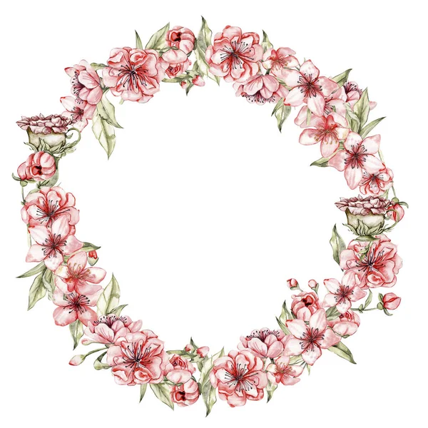 Весняні Квіти Вінок Акварельна Ілюстрація Скрапбукінгу Карт Фонів Мультяшний Ручний — стокове фото