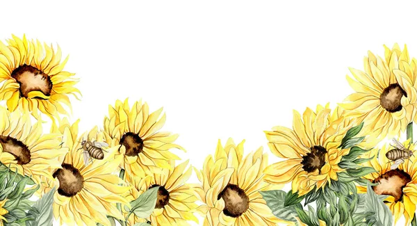 Wasserfarbe Horizontale Nahtlose Hintergrund Mit Sonnenblumen Schmetterlinge Cartoon Stil Handgezeichnete — Stockfoto