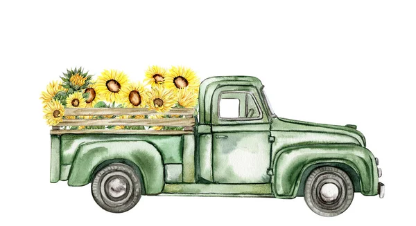 带有向日葵和农用汽车的水彩画 蝴蝶是卡通风格的 手绘了夏天的图画 完美的剪贴簿 孩子设计 婚宴邀请 问候卡 — 图库照片