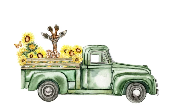 Aquarell Komposition Mit Sonnenblumen Und Bauernwagen Schmetterlinge Cartoonstil Handgezeichnete Illustration — Stockfoto