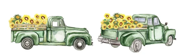 Акварельна Композиція Соняшниками Фермерським Автомобілем Мультиплікаційному Стилі Рука Намальована Ілюстрація — стокове фото