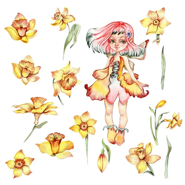 Narciso Conjunto Flores Acuarela Con Fary Girl Ilustración Hecha Mano — Foto de Stock