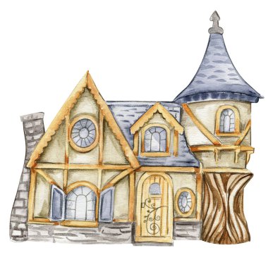 Watercolor cartoon house made from stone for fairy. Cute hand painted fairy tale illustration for greeting cards, prints, post cards and souvenirs. Illustartion isilated on white background. clipart