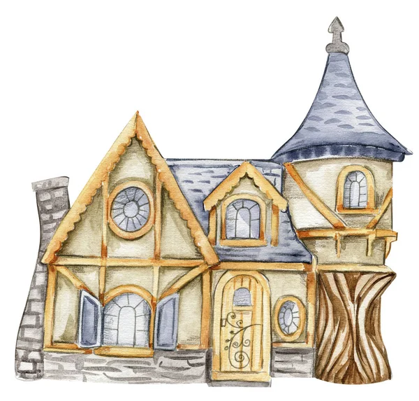 Akvarell Rajzfilm Ház Kőből Készült Tündér Aranyos Kézzel Festett Mese — Stock Fotó