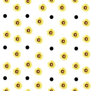 Suluboya el, çizgi film tarzında sarı ayçiçeği deseni çizmiş. Güzel bir yaz ya da bahar çiçeklerinin çocuk stili illüstrasyonları. Tekstil, duvar kâğıtları, dekor için kullanılabilir.