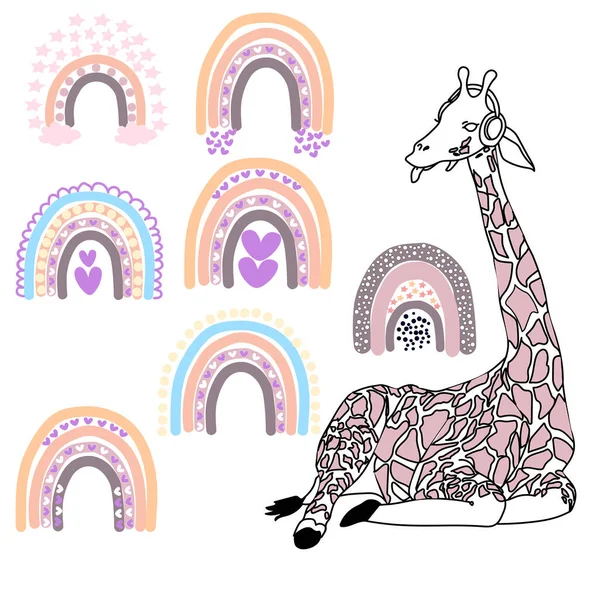 Giraffe illustration and rainbow, Cartoon tropical animal , exotic summer jungle design.Hand drawn. Designf for baby shower party, birthday, cake, holiday celebration design, greetings card,invitation.
