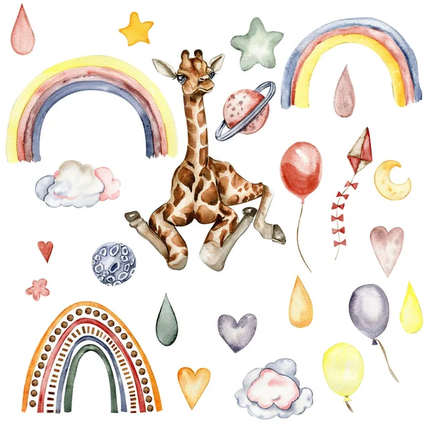 stock image Watecolor hand drawn giraffe illustration and rainbow, Cartoon tropical animal , exotic summer jungle design. Design for baby shower party, birthday, cake, holiday design, greetings card, invitation.