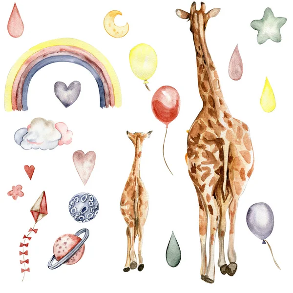 Watecolor Handritad Giraff Illustration Och Regnbåge Tecknad Tropiska Djur Exotisk — Stockfoto