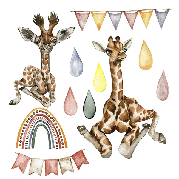 Akvarel Giraf Illustration Tegneserie Tropiske Dyr Eksotisk Sommer Jungle Design - Stock-foto