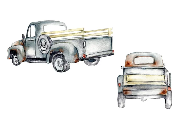 ヴィンテージ水彩グレーのトラックセット 白を背景に古いレトロな車の手描きイラスト スクラップブッキング 子供のデザイン 結婚式の招待状 ポスター 挨拶カードに最適です — ストック写真